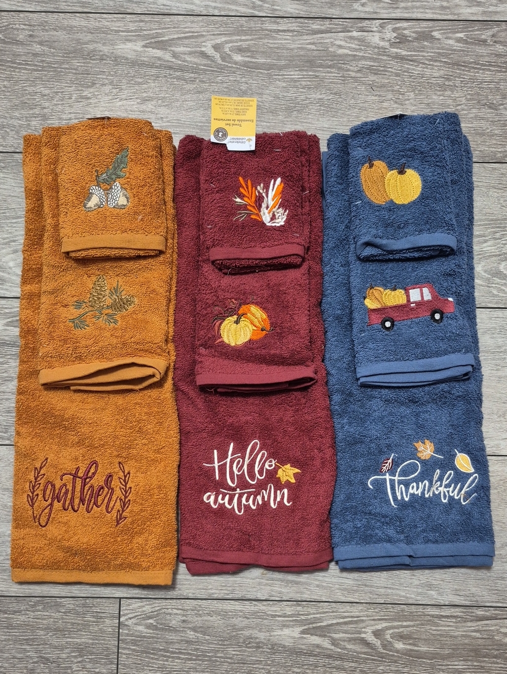 Lot Of 3 Autumn Thanksgiving Fall 3 Piece Towel Set (Mustard, Burgundy, Navy)